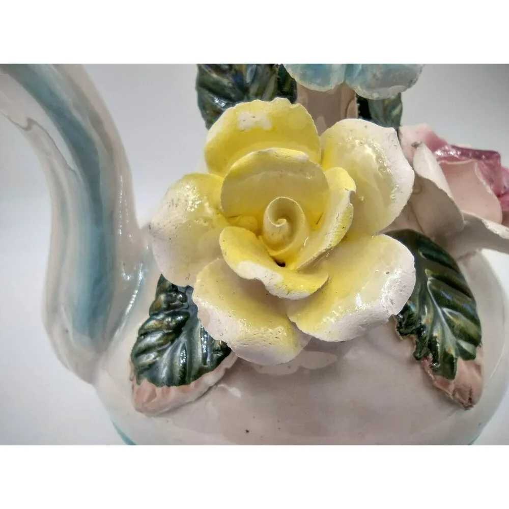 Lusterware Pitcher Vase with Flower Accents and Handle 8 Inches Vintage